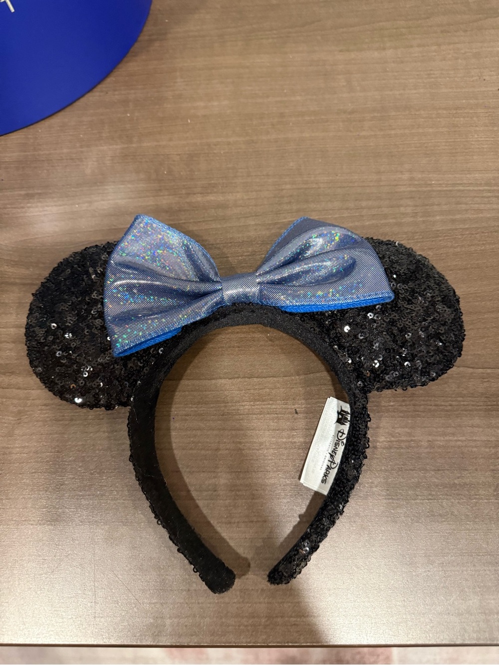 Disney Black Sequin Minnie Ears Headband with Shimmery Blue Bow